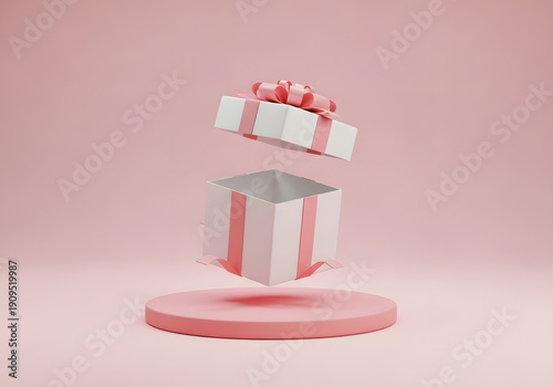 A white gift box with pink stripes and ribbon opens up in mid-air