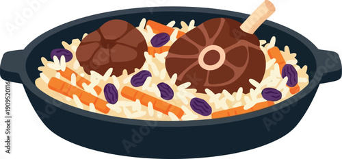 Traditional Uzbek Plov with Lamb, Carrots, Raisins and Rice in Black Pot – Vector Illustration