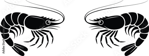 Shrimp silhouette vector set, black seafood crustacean illustration isolated on white background, marine animal design for logo, tattoo, stencil art