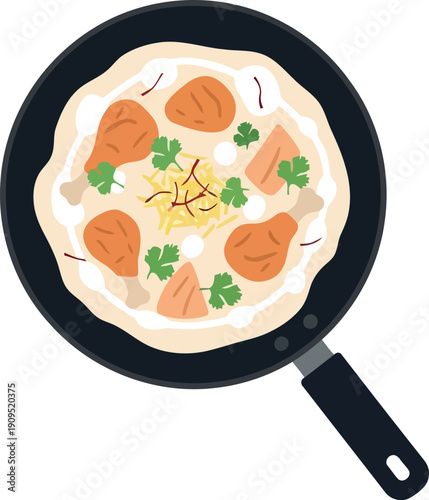 Vector Illustration of Indian Chicken Biryani in Frying Pan – Traditional Spiced Rice Dish Top View