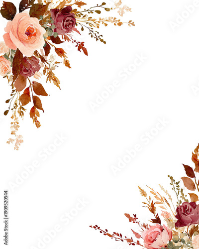 Floral watercolor border, roses in shades of pink and burgundy, fall leaves, against a black backdrop