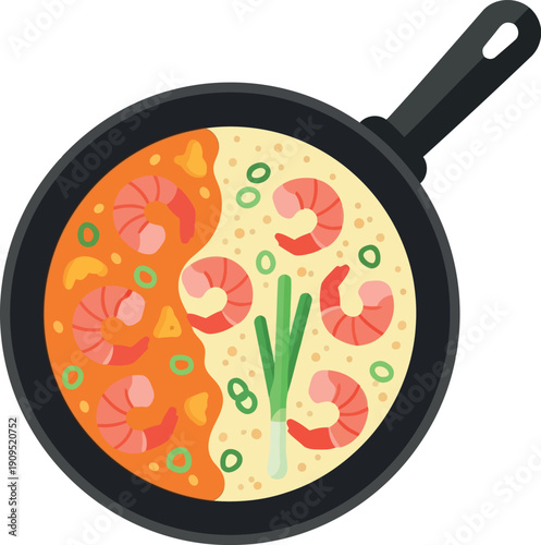 Vector Illustration of Shrimp Omelette in Frying Pan, Asian Cuisine Breakfast Food Icon