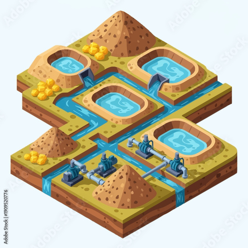 Isometric illustration of a water management system with reservoirs and canals.