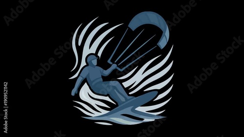 Kitesurfer Riding Wave With Stylized Kite And Water Splash
