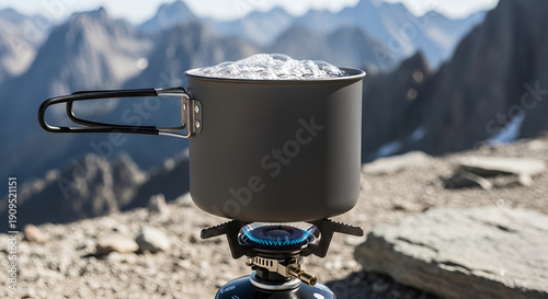 Macro shot: modern titanium camping pot boils vigorously on a high-tech gas stove atop a mountain ridge. Ideal for outdoor gear marketing, adventure travel, camping editorials, hiking guides,