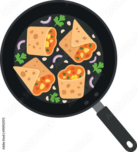 Vector Illustration of Burritos Cooking in Frying Pan with Vegetables and Herbs, Mexican Food Concept