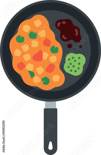 Vector Illustration of Japanese Omurice with Sauce and Vegetables in Frying Pan, Flat Design