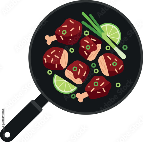 Vector Illustration of Braised Meat Stew with Lime and Scallions in Frying Pan, Asian Cuisine Concept
