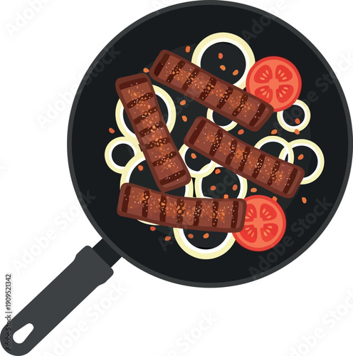 Grilled Sausages with Sliced Onions and Tomatoes in Frying Pan, Flat Vector Illustration for Food Design