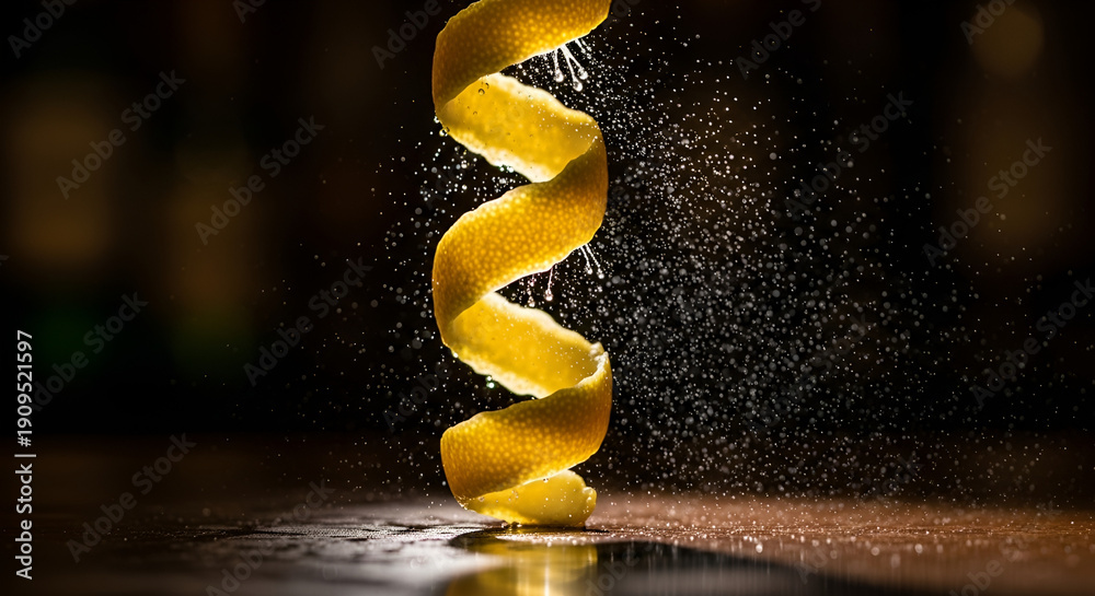 Obraz premium Extreme macro lemon peel twist, bursting aromatic oils in slow motion. Glowing droplets caught in warm, low-key bar light, emphasizing sensory essence. Perfect for cocktail menus,