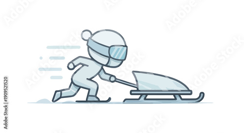 Cartoon character in winter clothing pushing a bobsled down a snowy slope, dynamic motion illustration