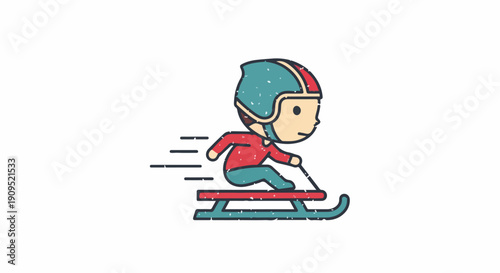 Cute cartoon illustration of a happy child sledding down a snowy hill with speed, enjoying a fun winter sport activity.