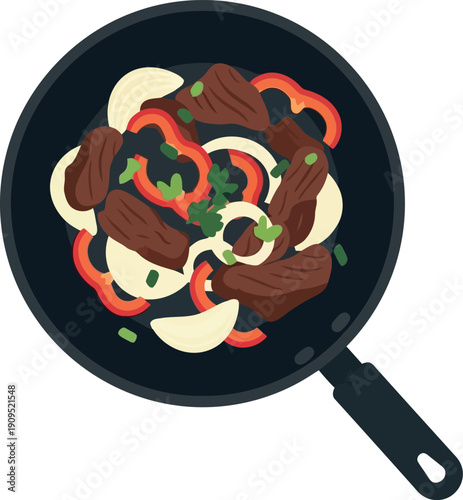 Vector Illustration of Beef Stir Fry with Bell Peppers and Onions in Frying Pan, Top View
