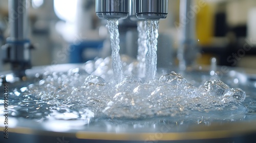 Water flows into a metal basin in two streams, with large particles being filtered out in an industrial setting, showing a purification process.