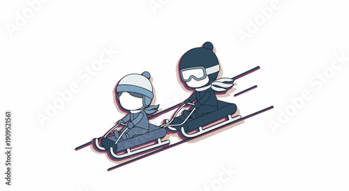 Two cartoon figures sledding down a snowy slope, enjoying a thrilling winter sport. Flat design vector illustration of a bobsled or luge race.