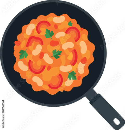 Vector Illustration of Traditional Baked Beans with Tomato and Parsley in Frying Pan, Top View