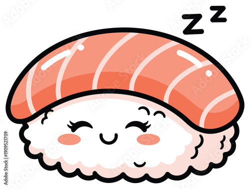 Cute cartoon sleeping salmon nigiri sushi character with zz symbols, kawaii food illustration