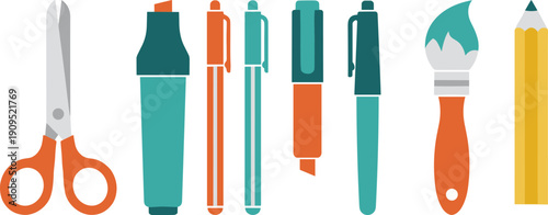 Modern office and creative tool set with scissors pens highlighter paintbrush and pencil in flat vector style