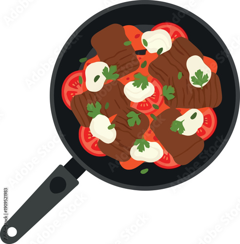 Vector Illustration of Beef Stew with Tomatoes, Mozzarella, and Herbs in Frying Pan for Recipe Design