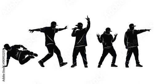 Silhouette of Hip Hop Dancers and Rapper Performing.