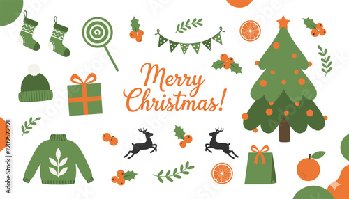 Festive Merry Christmas set with decorated tree knit sweater reindeer holly berries and orange holiday gifts