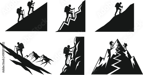 Mountain Climber Silhouette Set Vector Illustration Hiking Trekking Adventure People Climbing Peak Black and White Collection Design