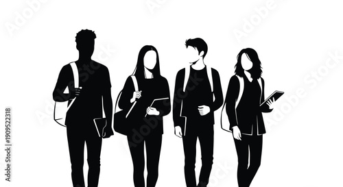 Diverse group of students walking together carrying books and bags.