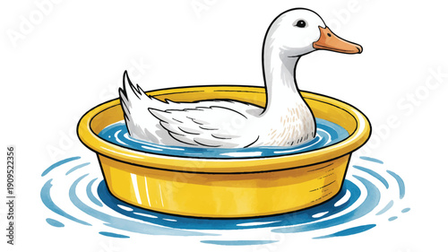 A watercolor illustration of a white duck swimming in a yellow plastic tub filled with blue water (2)_traced