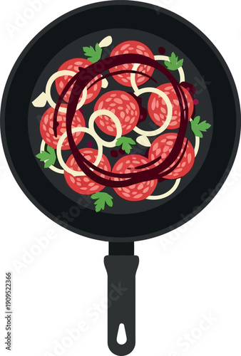 Vector Illustration of Italian Spaghetti with Tomato Sauce, Salami, and Parsley in Frying Pan