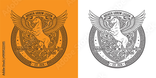 Rearing Pegasus and Shield Emblem with Greek Meander Border
