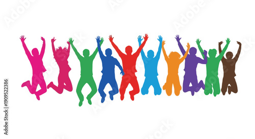 Group of Diverse People Jumping Joyfully Together.
