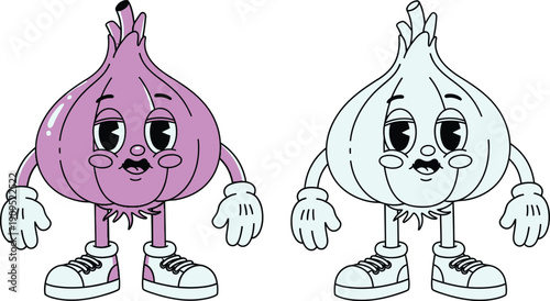 Vintage cartoon illustration of two anthropomorphic onions, one purple and one outline, with expressive faces and wearing sneakers