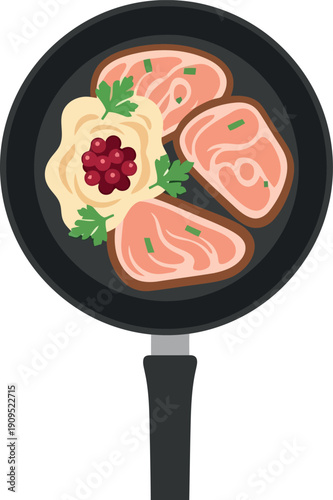 Vector Illustration of Pan-Seared Pork Chops with Mashed Potatoes and Cranberry Garnish