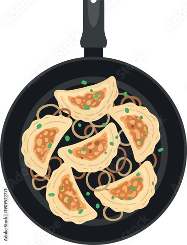 Vector Illustration of Pan-Fried Dumplings with Onions and Peas in Skillet, Asian Cuisine Concept