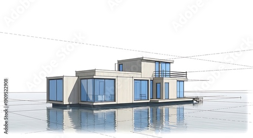 Architectural sketch showcasing a modern modular floating house with minimalist design.