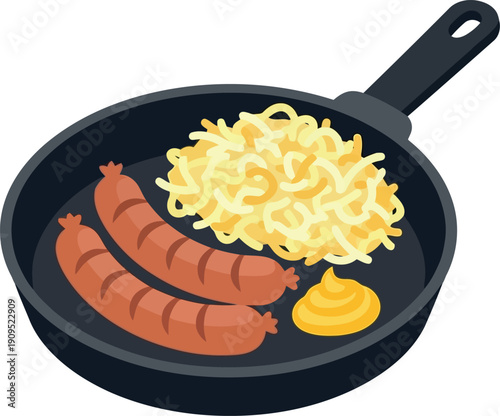Vector Illustration of German Sausages with Sauerkraut and Mustard in Frying Pan, Traditional Bavarian Food