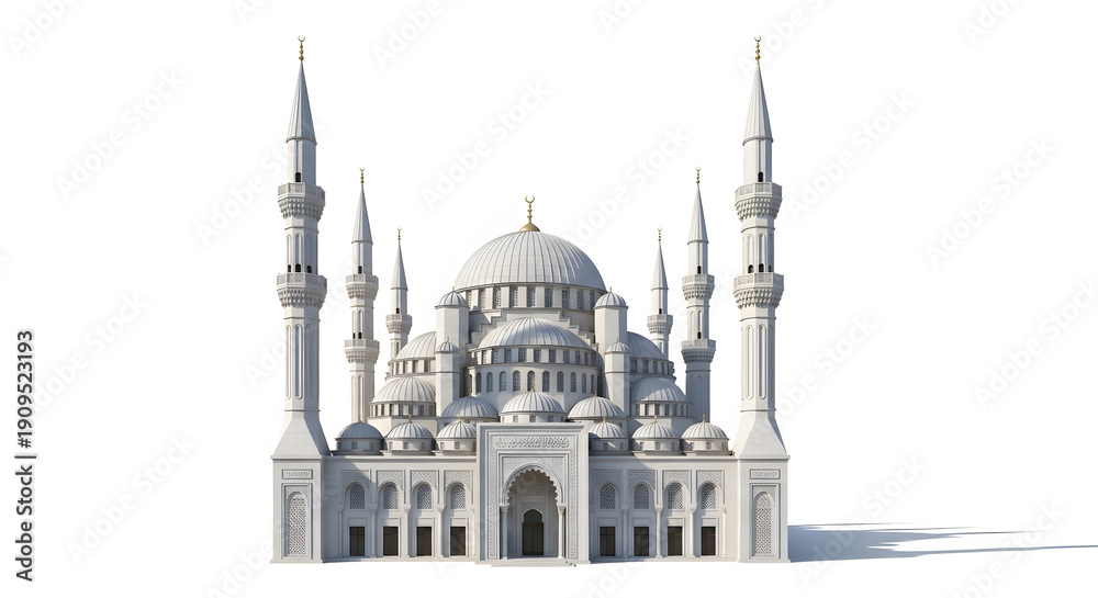 Fototapeta premium Beautiful white mosque architecture with multiple domes and minarets isolated on white. 
