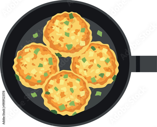 Vector Illustration of Korean Kimchi Pancakes Cooking in Frying Pan, Traditional Asian Cuisine