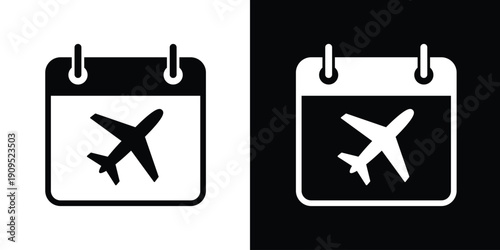 Calendar icon featuring an airplane silhouette, perfect for travel planning, flight booking, vacation scheduling, or tourism apps. Clean black and white flat vector graphic.