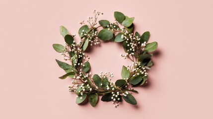Top View of a Simple Eucalyptus Wreath with White Berries on a Pink Background