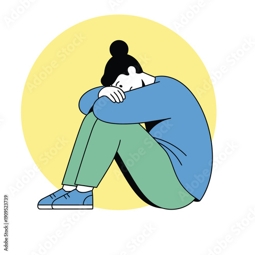Concept of loneliness, depression, and emotional grief. Illustration of a sad woman in a seated pose, symbolizing mental health struggles, isolation, and the journey toward emotional recovery.