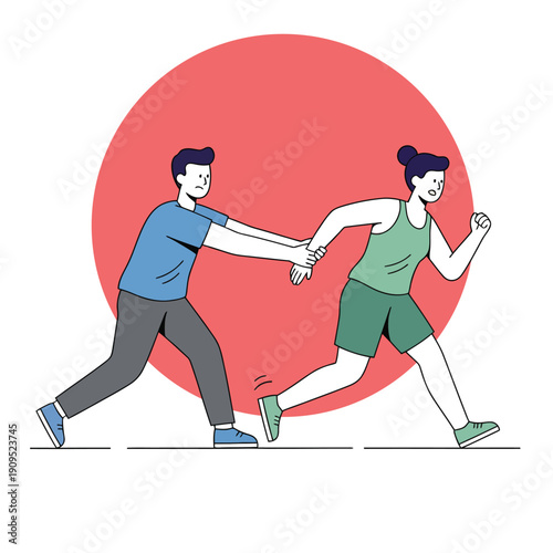Relationship conflict and breakup concept. Illustration of a man pleading with a woman to stay, representing social tension, emotional drama, and communication barriers in a minimalist style.