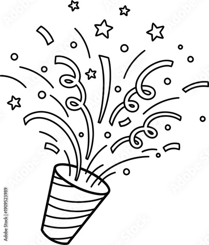 Black and white outline drawing of a confetti popper exploding with streamers and stars