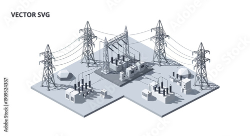 Isometric illustration of an electrical substation with transmission towers and infrastructure.