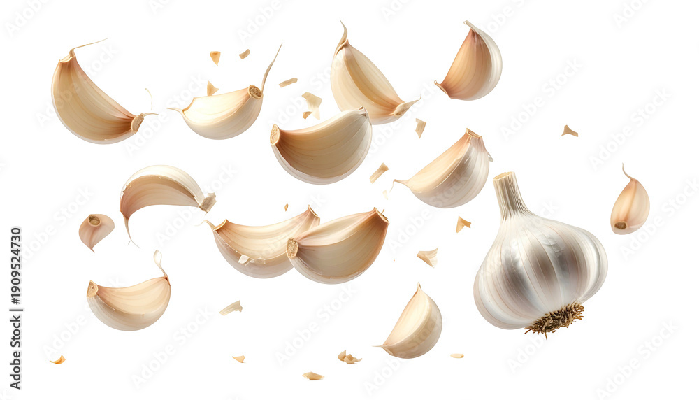 Fototapeta premium Cloves and a head of a pungent, aromatic bulb appear to float in a dark void