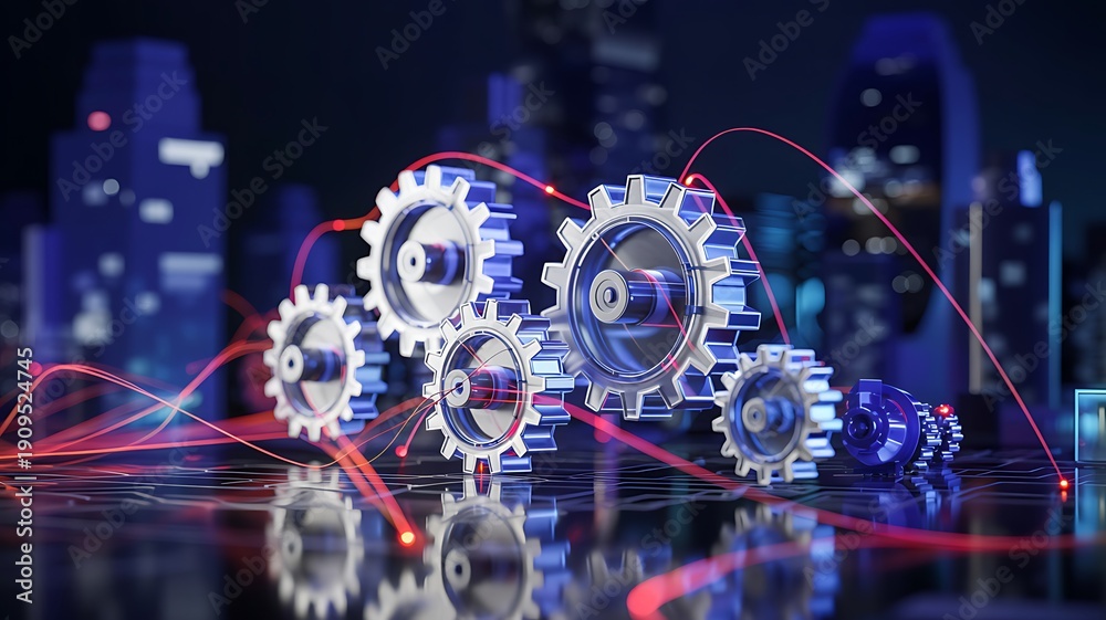 Fototapeta premium Gears and cogs interlocked in complex system, symbolizing mechanical engineering, industry, teamwork, and technological advancement in futuristic cityscape background