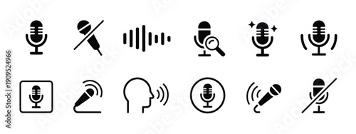 Microphone and voice control icon set with record, mic, off, mute, search, sound waves, audio levels, speech, voice recognition symbols for UI apps, thin line app web icon set
