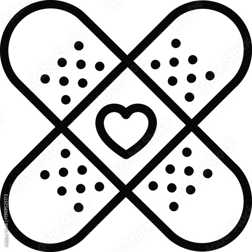 Four adhesive bandages crossed in an x shape with a heart outline in the center, simple line icon