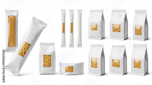 Assorted Pasta and Snack Packaging Mockups on White Background spaghetti macaroni