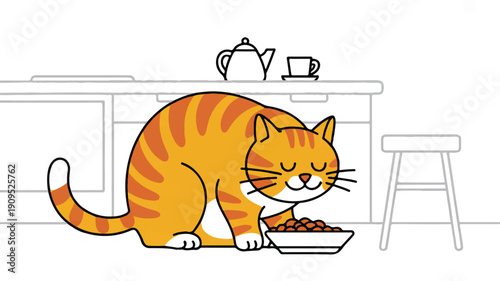 A simple cartoon illustration of an orange tabby cat eating from a white bowl on a light-colored surface